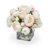 Cream White Hydrangea and Roses with Peonies in Glass Square