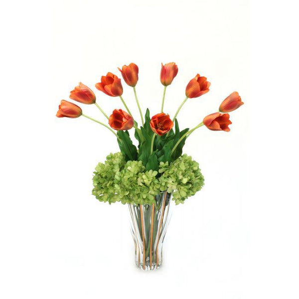 Dark Orange Red Tulips and Green Hydrangeas in Fluted Gold Rim Trimmed Glass Vase