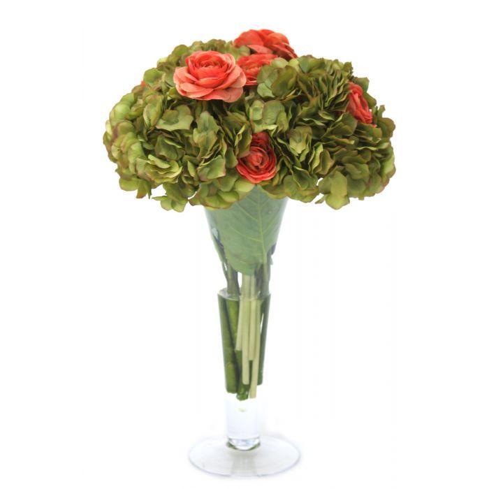 Green Hydrangeas and Coral Ranunculus in Trumpet Vase