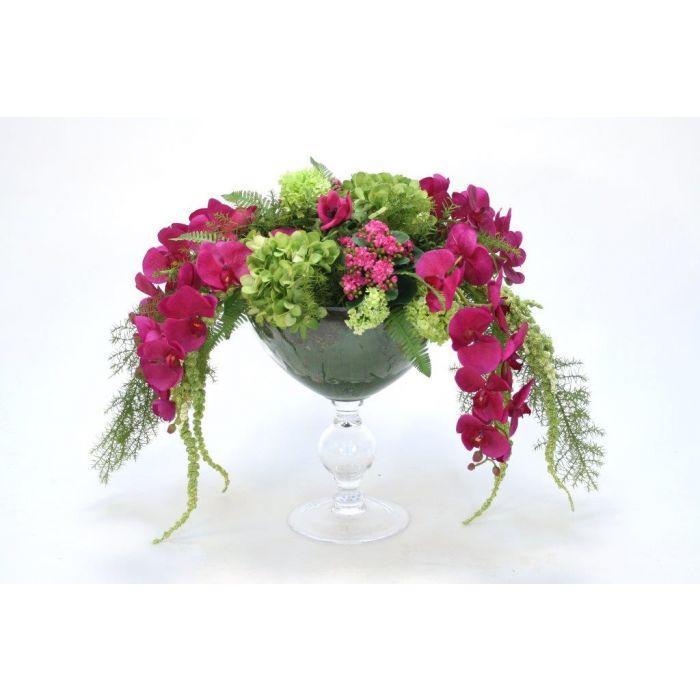 Hydrangea with Orchids and Hanging Amaranthus in Glass Bowl with Pedestal