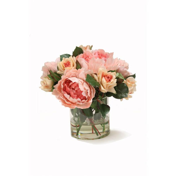 Peach Peonies with Peach Roses in Glass Cylinder