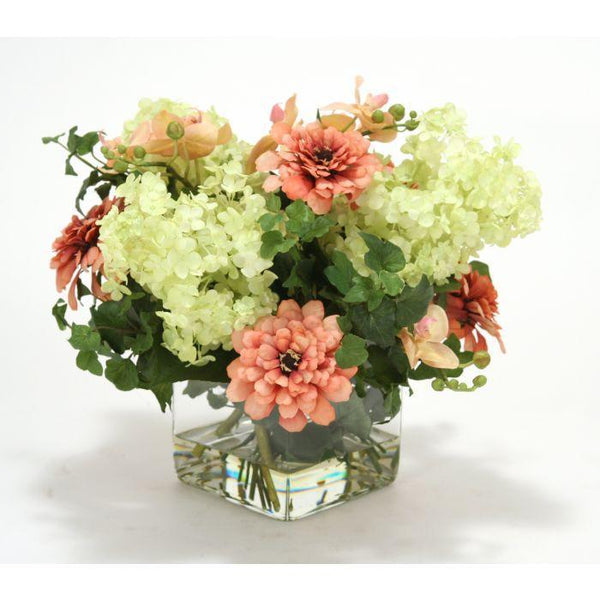 Waterlook® Coral Zinnias and Green Hydrangeas in Glass Cube