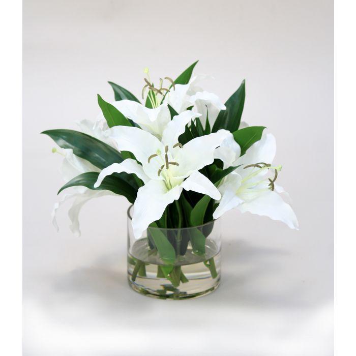white casablanca lilies Waterlook® Cream-White Casablanca Lilies in Low Glass Cylinder — ShopTheAddison