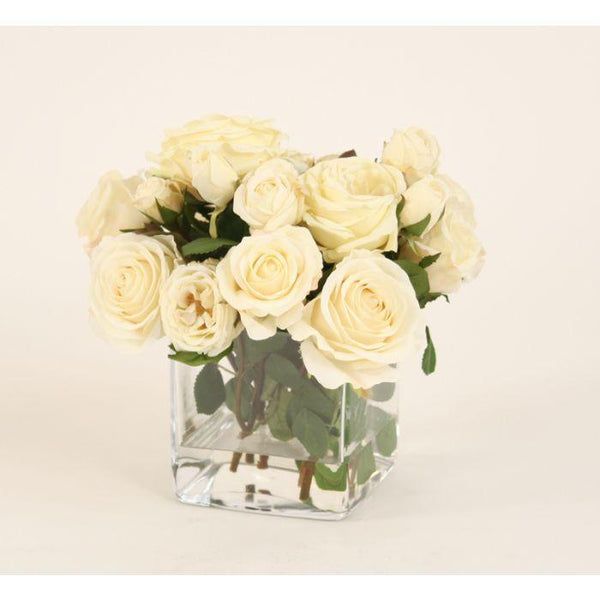 Waterlook® Cream White Roses in Square Glass Vase