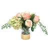 Waterlook® Green Rose Hydrangeas and Pink Champagne Roses with Maiden Hair Fern in Glass Cylinder Vase with Gold Rimmed Base