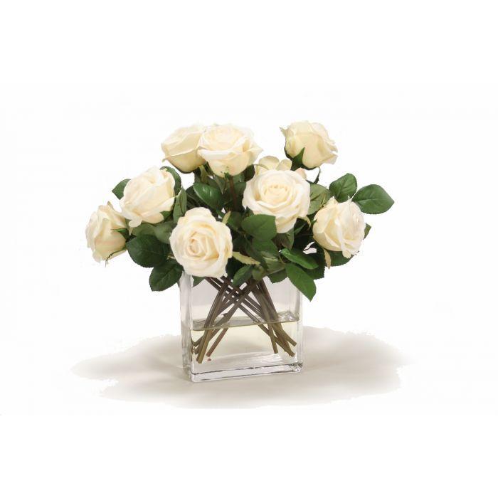 Waterlook® Ivory Rose Buds in Rectangular Glass Vase