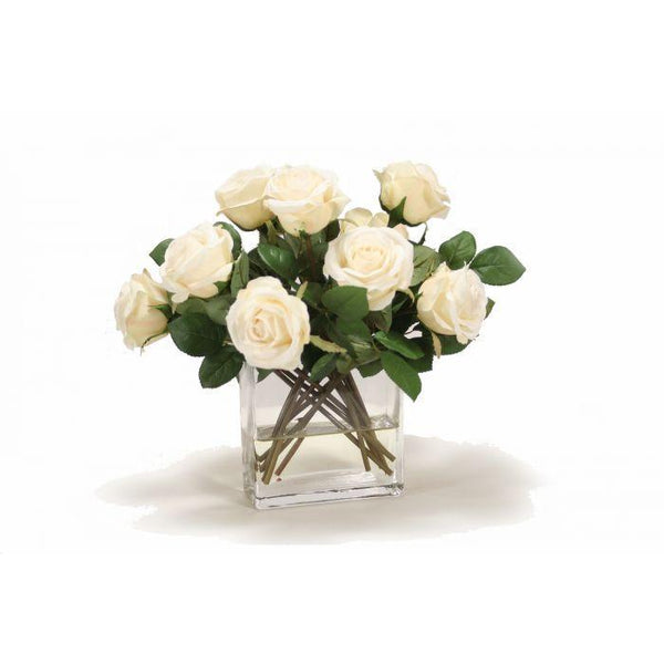 Waterlook® Ivory Rose Buds in Rectangular Glass Vase