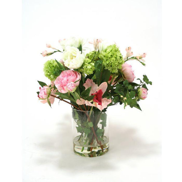 Waterlook® Pink Peonies, Cream Ranunculus and Green Hydrangea in Clear Glass Vase