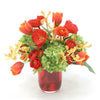 Waterlook® Red Orange Tulip, Yellow Orange Vanda, Hydrangea, and Poppy in Glass Vase