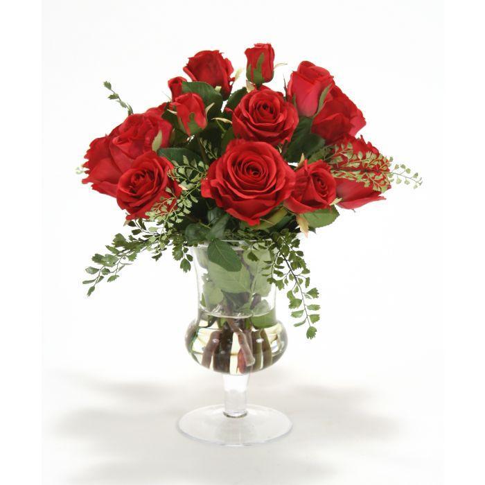 Waterlook® Red Roses and Fern in Clear Glass Urn