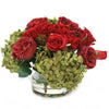 Waterlook® Red Roses, Celosia, Breen Brown Hydrangeas in Glass Cylinder