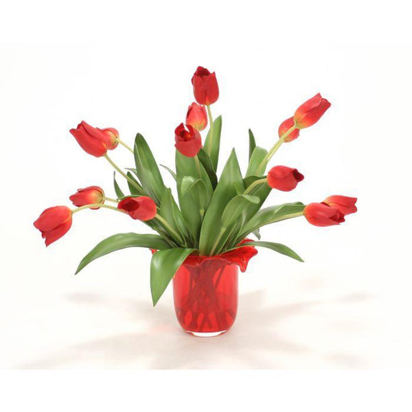 Waterlook® Red Tulips in Red Glass Vase