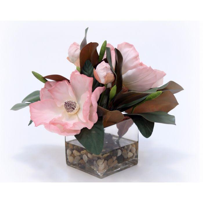 Waterlook® Soft Pink Magnolia Blooms and Foliage in Square Glass Vase