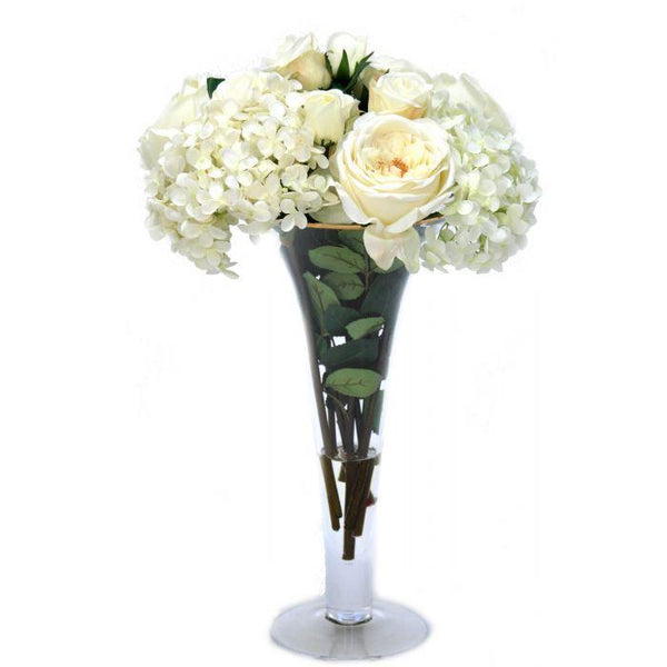 White Roses and Hydrangeas in Trumpet Vase