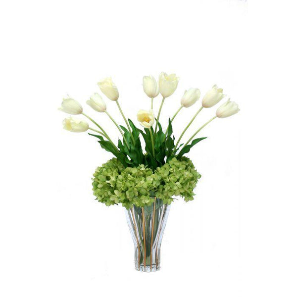 White Tulips and Green Hydrangeas in Fluted Rim Trimmed Glass Vase
