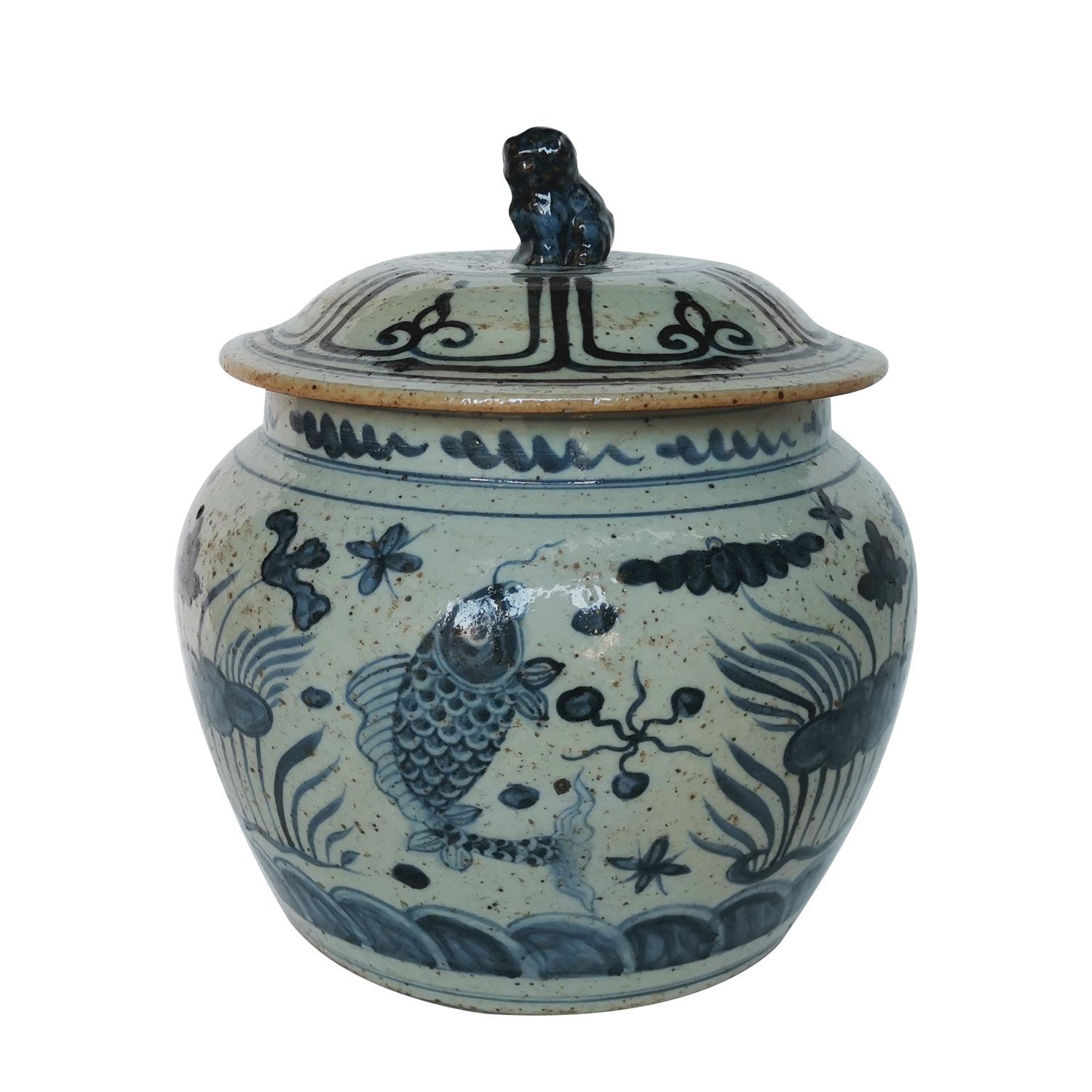 Legend of Asia Giftware Legend of Asia Blue And White Ancestor Fish Lotus Rice Jar
