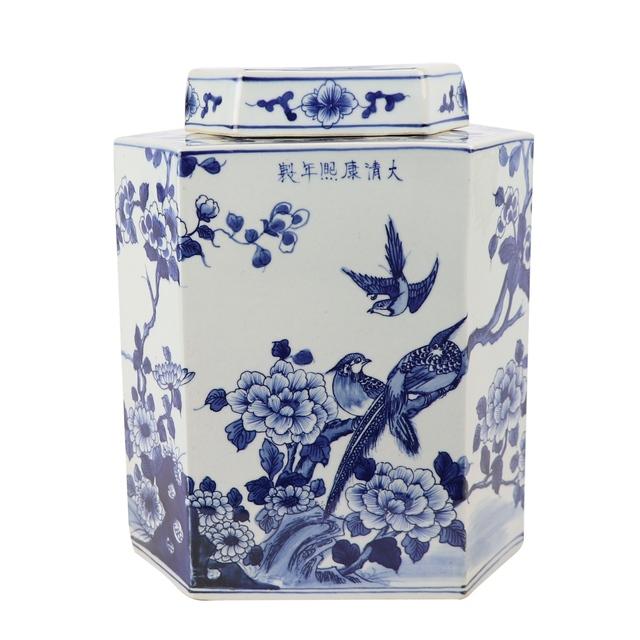 Legend of Asia Giftware Legend of Asia Blue And White Flat Hex Bird Floral Jar