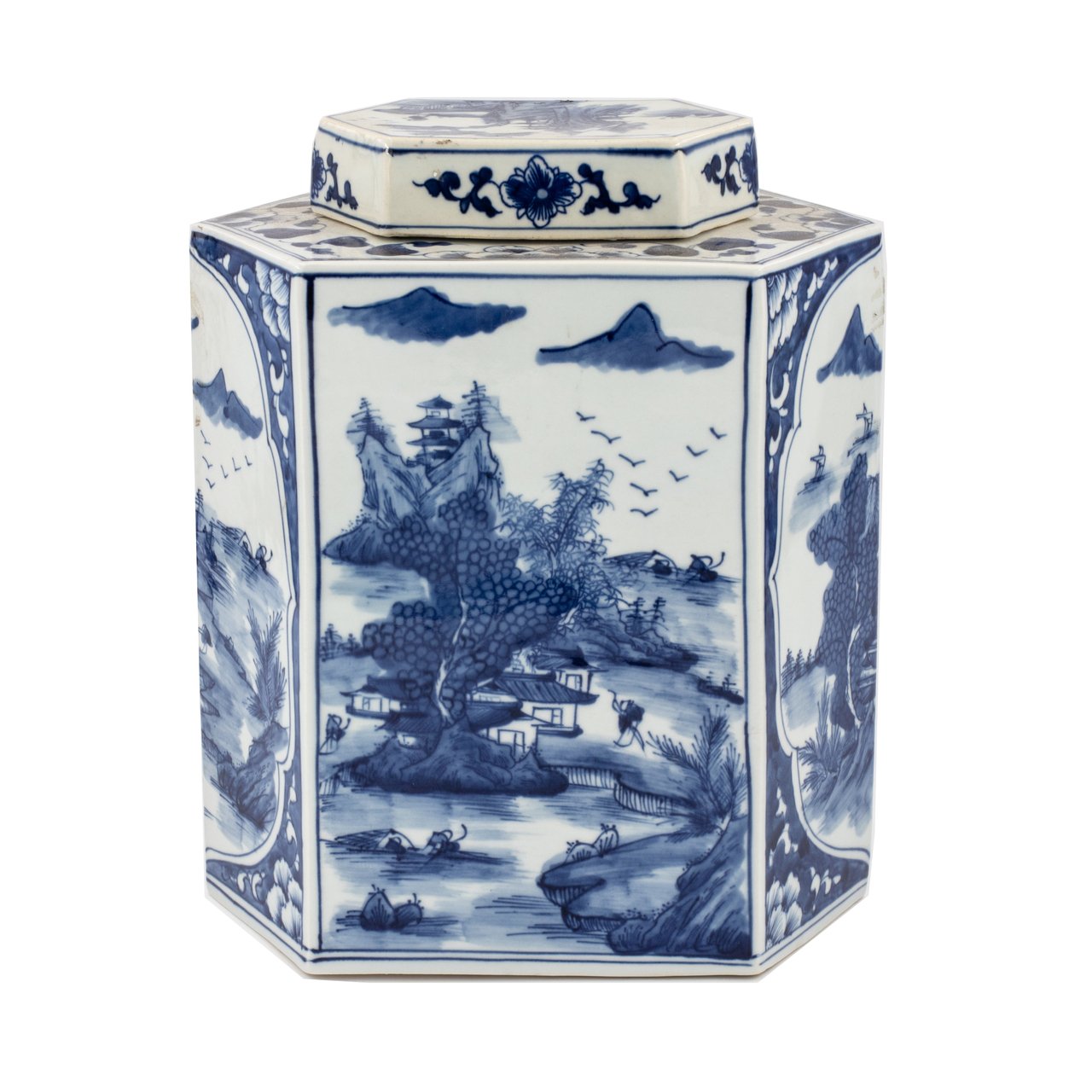 Legend of Asia Giftware Legend of Asia Blue And White Flat Hex Jar River Village Scene