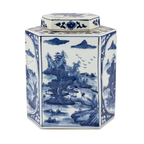 Legend of Asia Giftware Legend of Asia Blue And White Flat Hex Jar River Village Scene