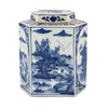 Legend of Asia Giftware Legend of Asia Blue And White Flat Hex Jar River Village Scene