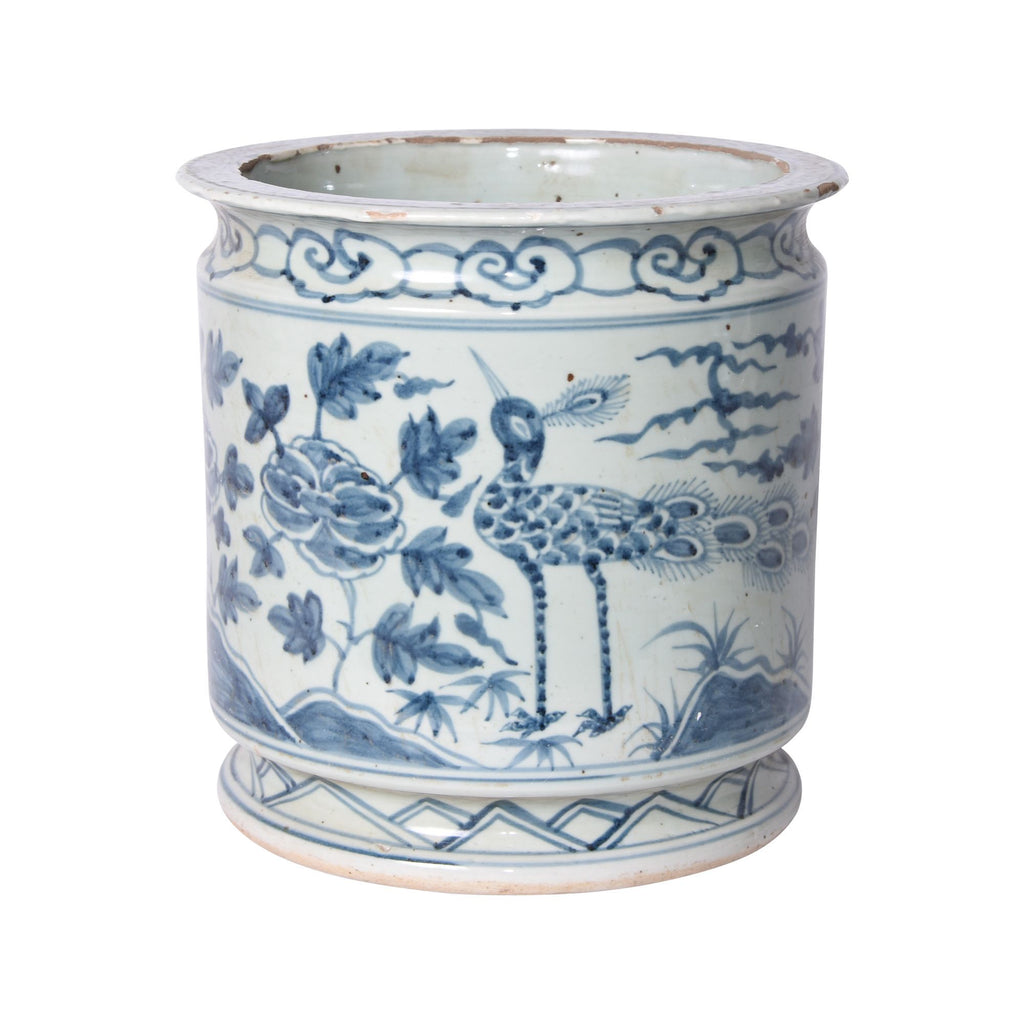 Legend of Asia Blue and White Orchid Pot Bird Motif