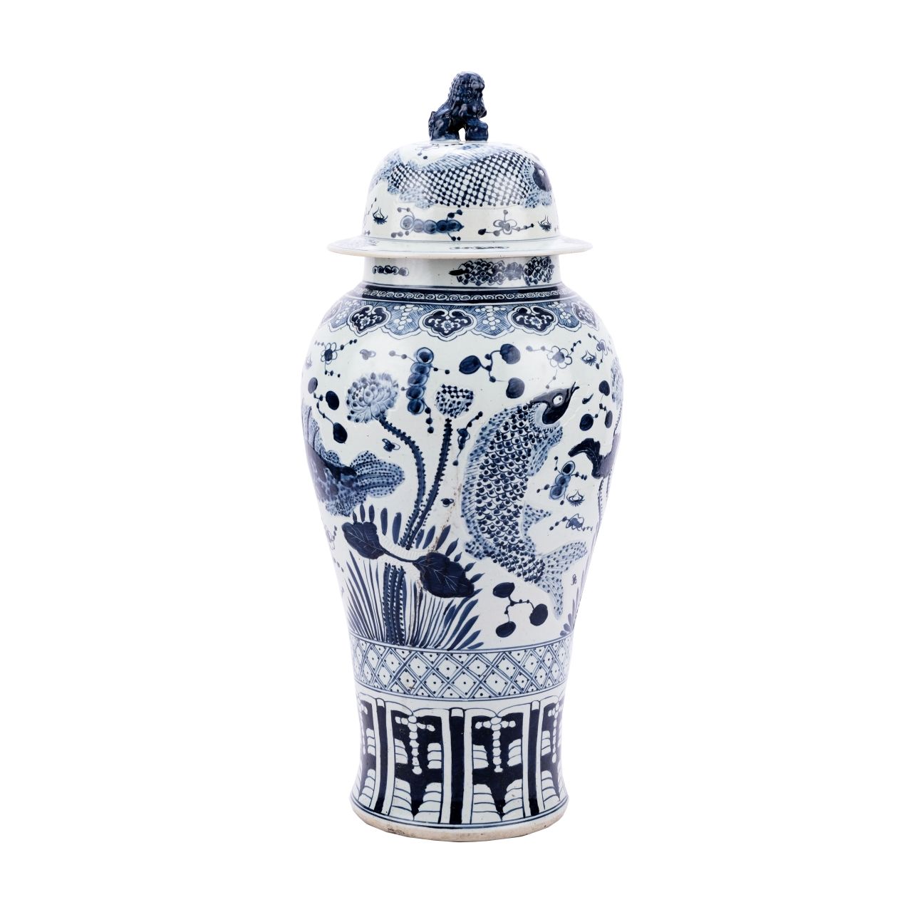 Legend of Asia Giftware Legend of Asia Blue And White Porcelain Fish Temple Jar Lion Lid - XL