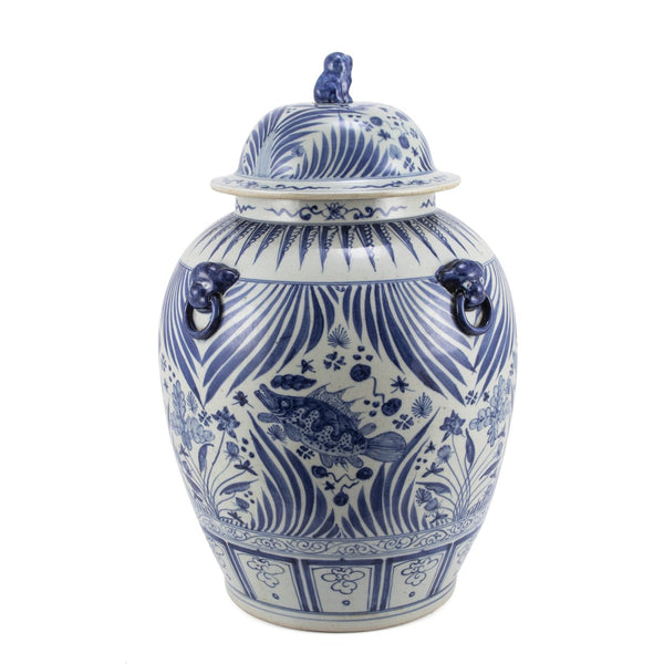 Legend of Asia Giftware Legend of Asia Blue And White Porcelain Village Fish Lidded Jar With Foo Dog Handles