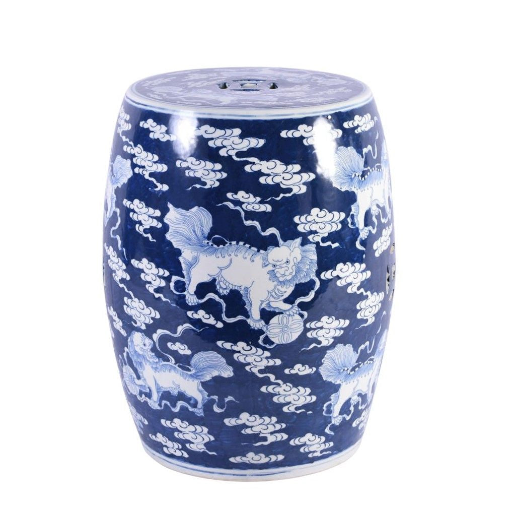 Legend of Asia Giftware Legend of Asia Blue Porcelain Garden Stool With White Lion Motif -
