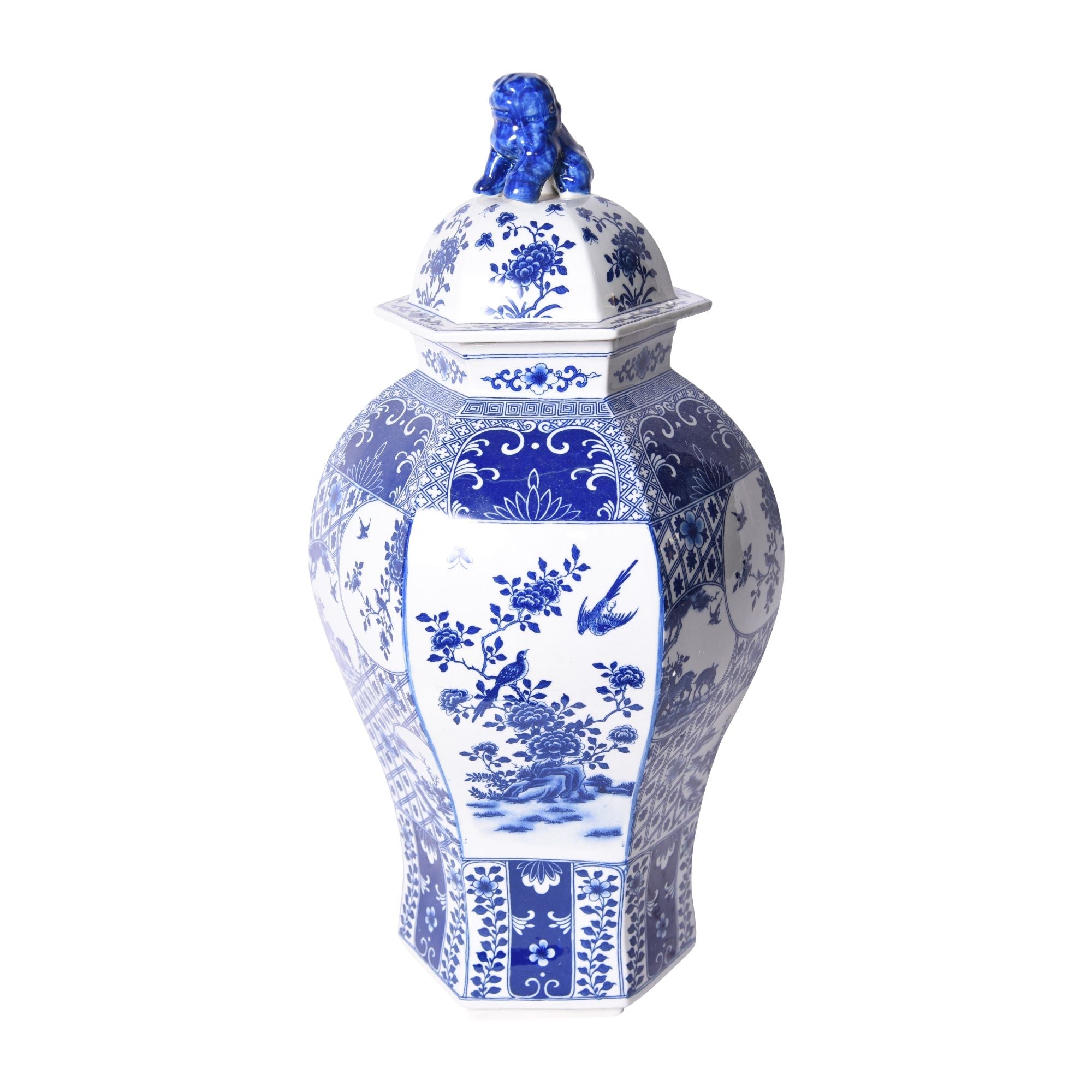Legend of Asia Giftware Legend of Asia Blue & White Hexagonal Floral Bird Medallion Temple Jar