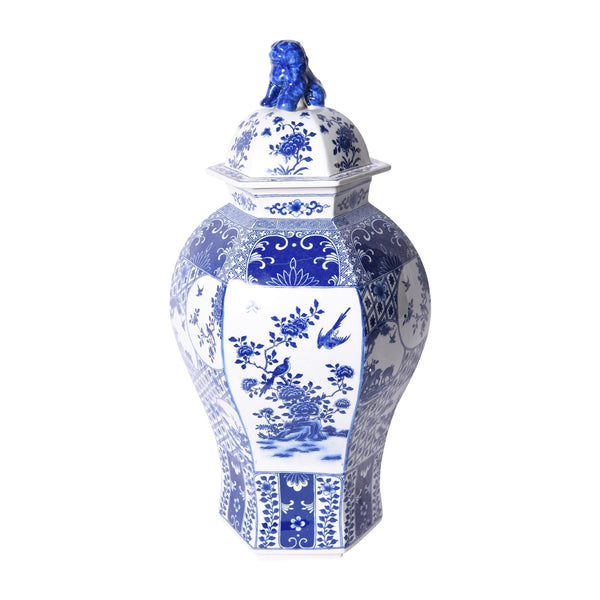 Legend of Asia Giftware Legend of Asia Blue & White Hexagonal Floral Bird Medallion Temple Jar