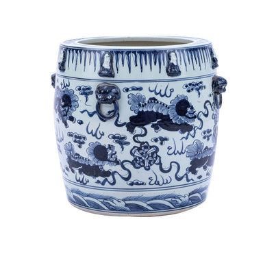 Legend of Asia Giftware Legend of Asia Blue & White Lion Drum Shaped Planter