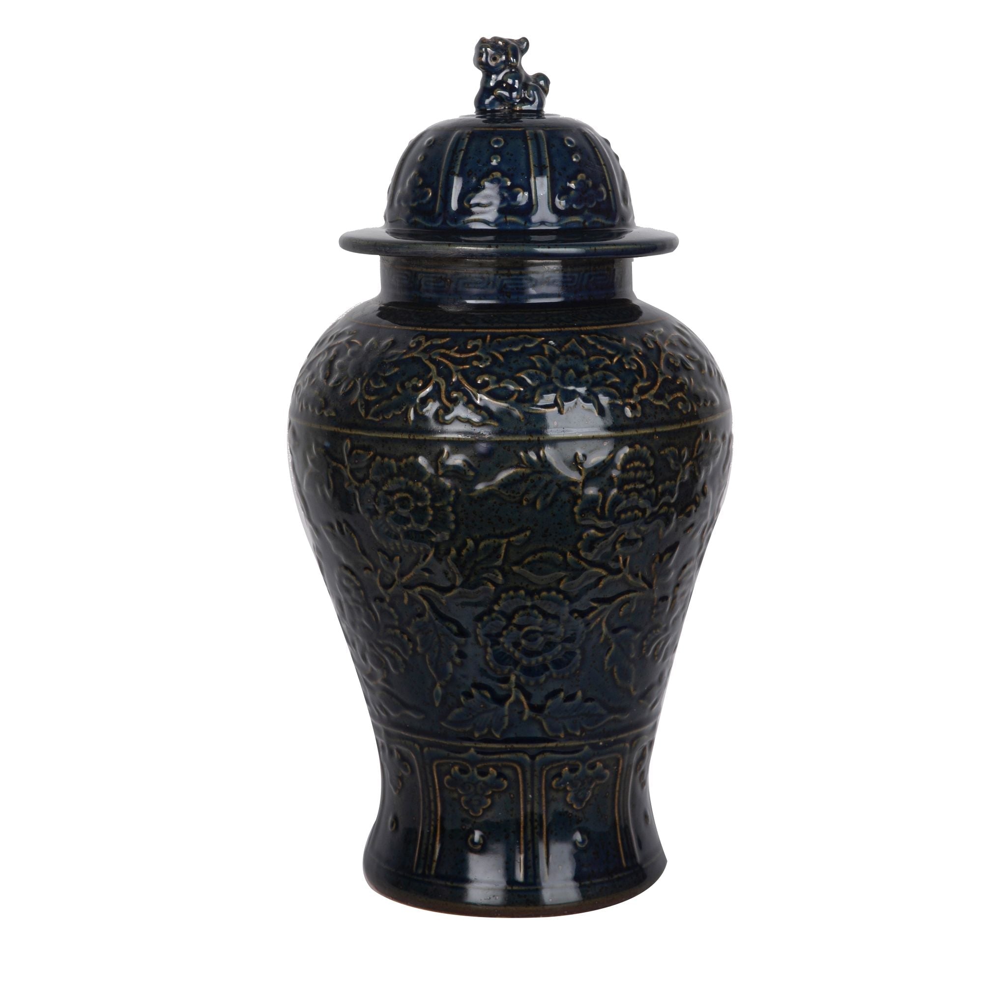 Legend of Asia Giftware Legend of Asia Carved Flower Temple Jar Speckled Indigo