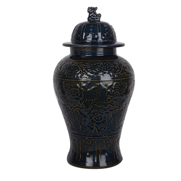 Legend of Asia Giftware Legend of Asia Carved Flower Temple Jar Speckled Indigo