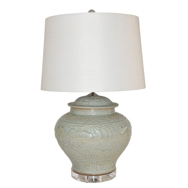 Legend of Asia Giftware Legend of Asia Sage Green Embossed Fish Porcelain Ginger Jar Lamp