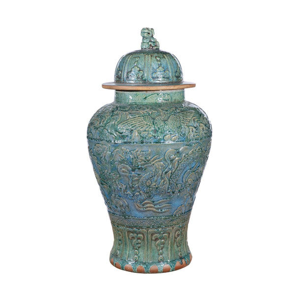 Legend of Asia Giftware Legend of Asia Speckled Green Carving Dragon Temple Jar