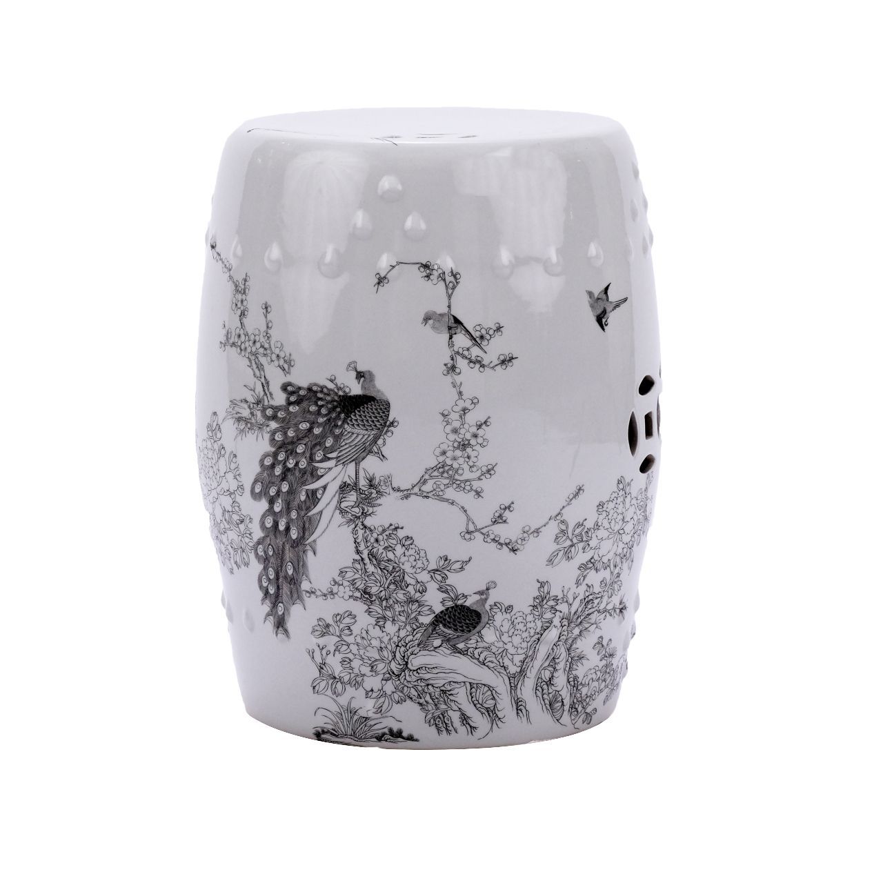 Legend of Asia Giftware Legend of Asia White Garden Stool Black Peacock Motif