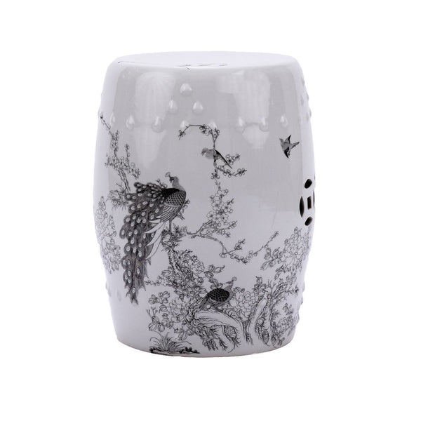 Legend of Asia Giftware Legend of Asia White Garden Stool Black Peacock Motif