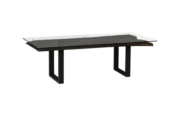 Phillips Collection Home Oversized LTL - Rate to be Quoted Phillips Collection Chainsaw Dining Table with Glass, Burnt Black, Black Iron U Legs