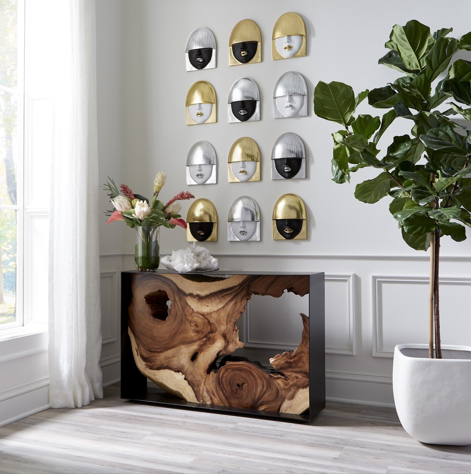 Phillips Collection Home Phillips Collection Fashion Faces Wall Art, Small, White and Silver Leaf, Set of 3