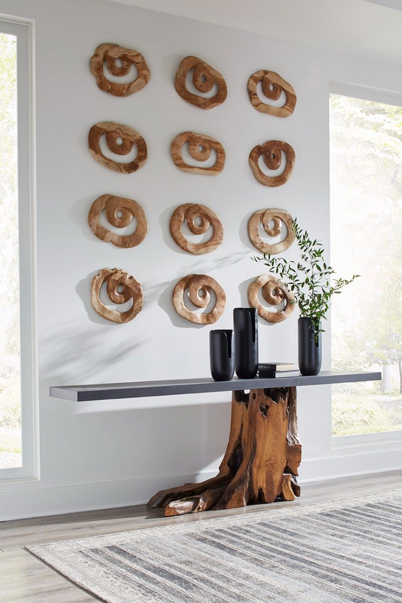 Phillips Collection Home Oversized LTL - Rate to be Quoted Phillips Collection Teak Wood Console Table, Iron Sheet Top