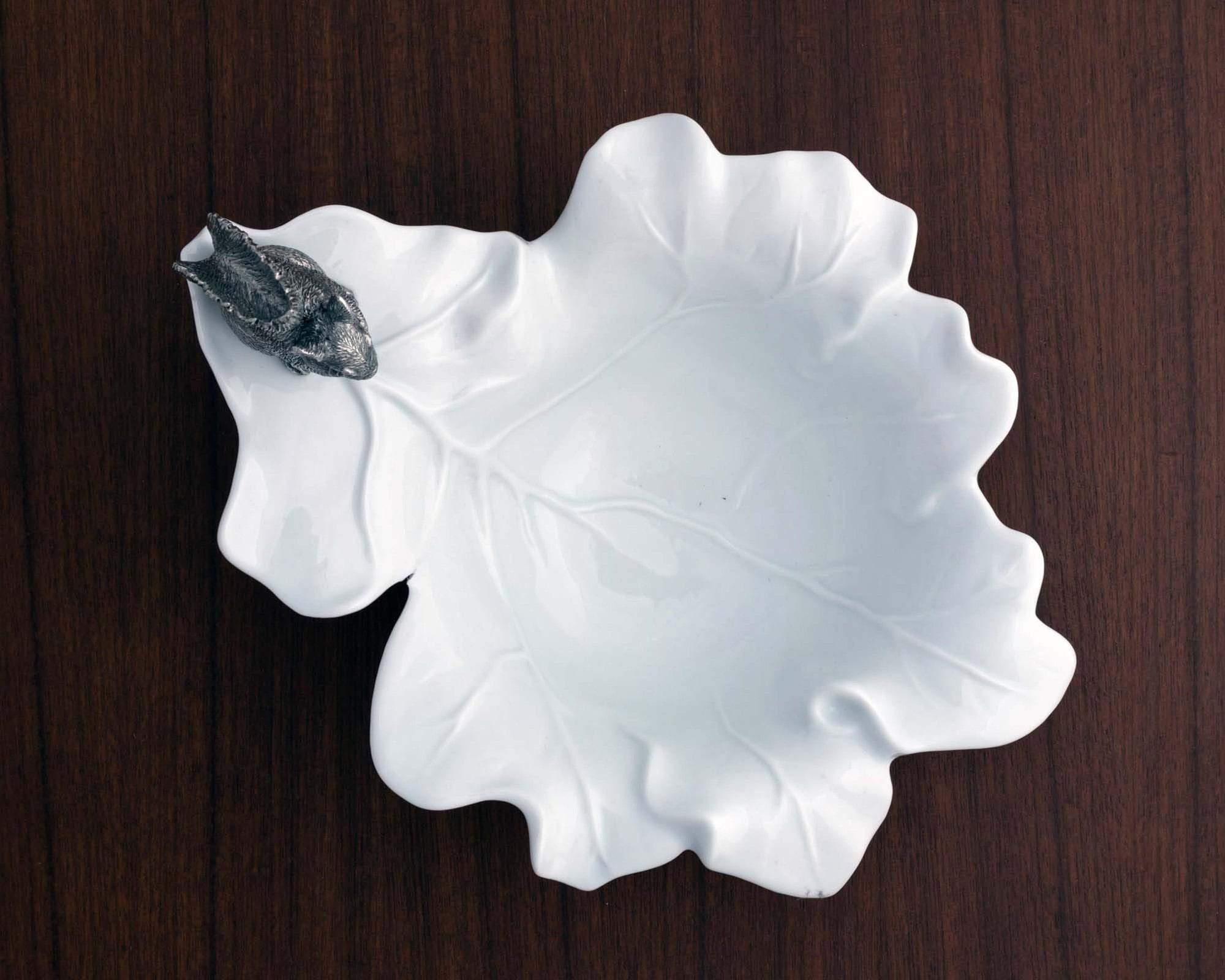 Vagabond House Fine Porcelain Leaf Bowl With Pewter Squirrel