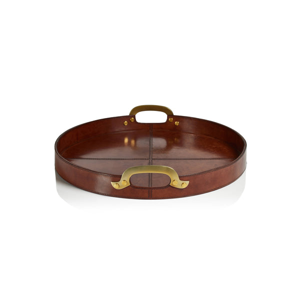 Zodax Home Decor Aspen Leather with Brass Handles Round Tray- 20"
