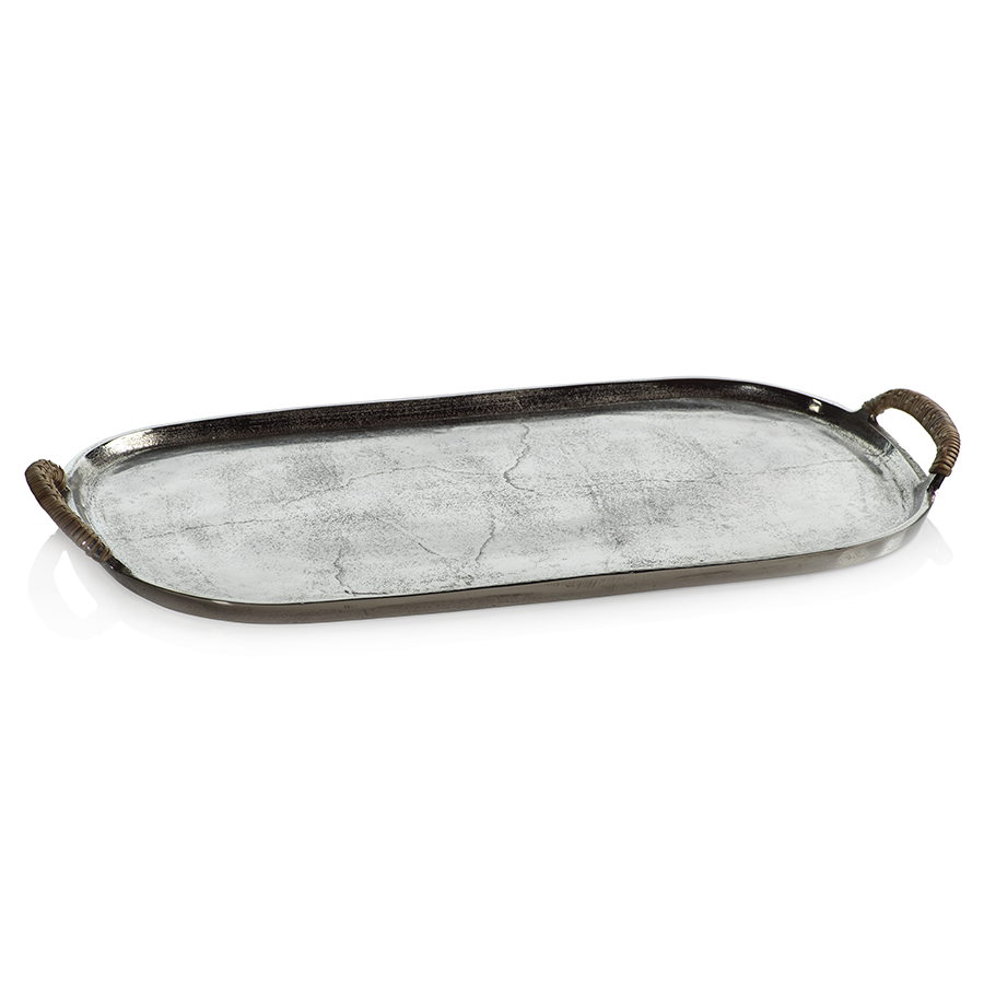 Zodax Home Decor Mauritius Raw Aluminum Tray w/ Cane Wrapped Handles- 21"