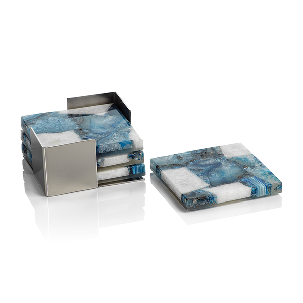 Zodax Home Decor Set/4 Crete Agate Coasters on Metal Tray- Blue/White