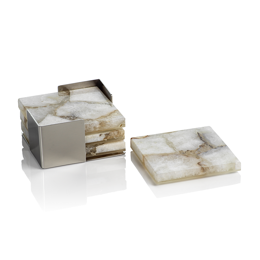 Zodax Home Decor Set/4 Crete Agate Coasters on Metal Tray- Taupe/White
